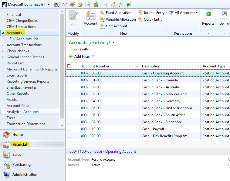 Accessing the accounts in Dynamics GP
