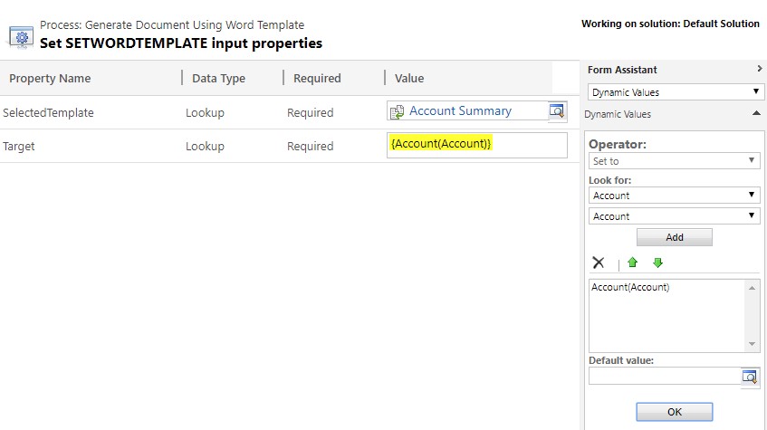 Set Word template in Dynamics 365